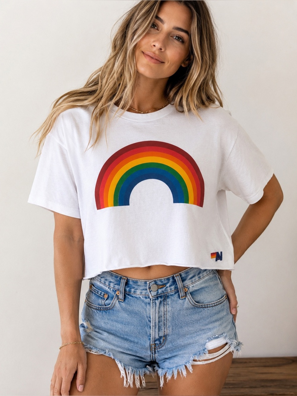 Aviator Nation Women XL Rainbow Graphic Crop Tee White Made USA Retro California